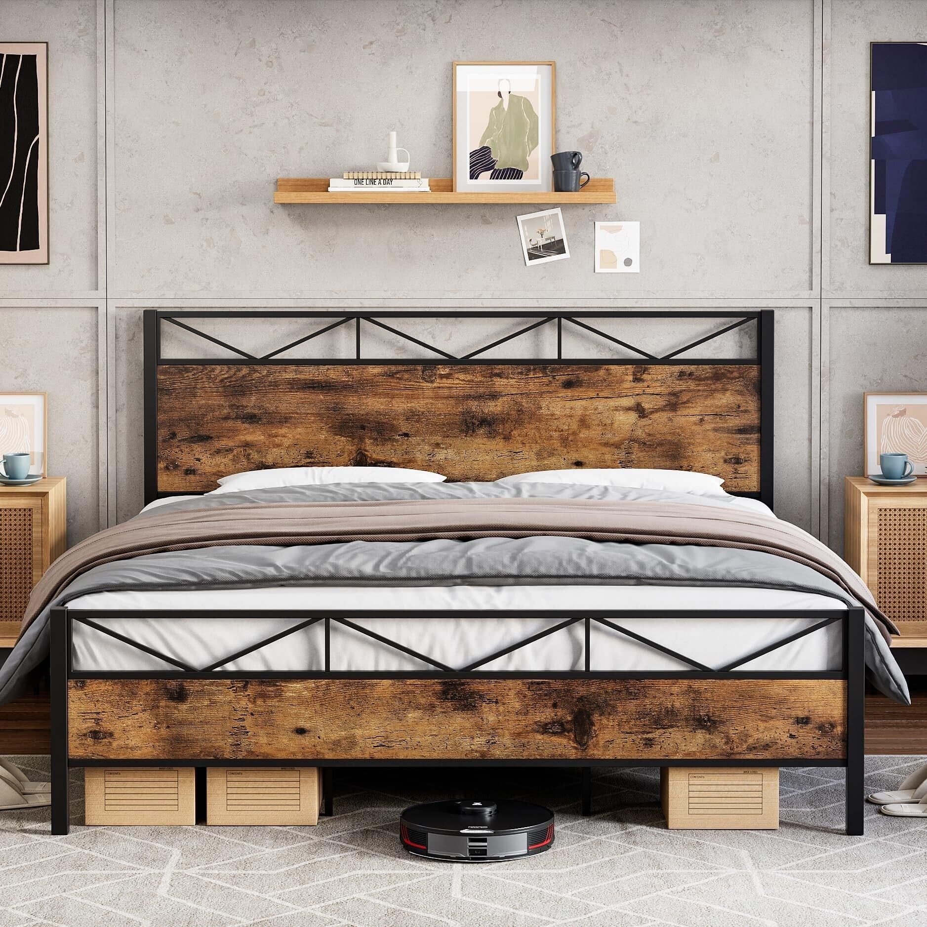 King Size Rustic Brown Metal Frame Bed with Wood Headboard and Slats