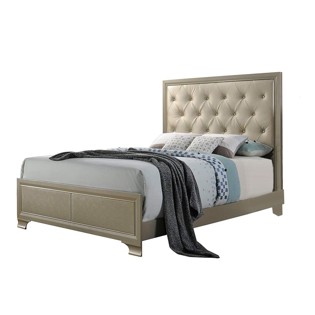 Champagne Queen Faux Leather Tufted Upholstered Bed with Headboard