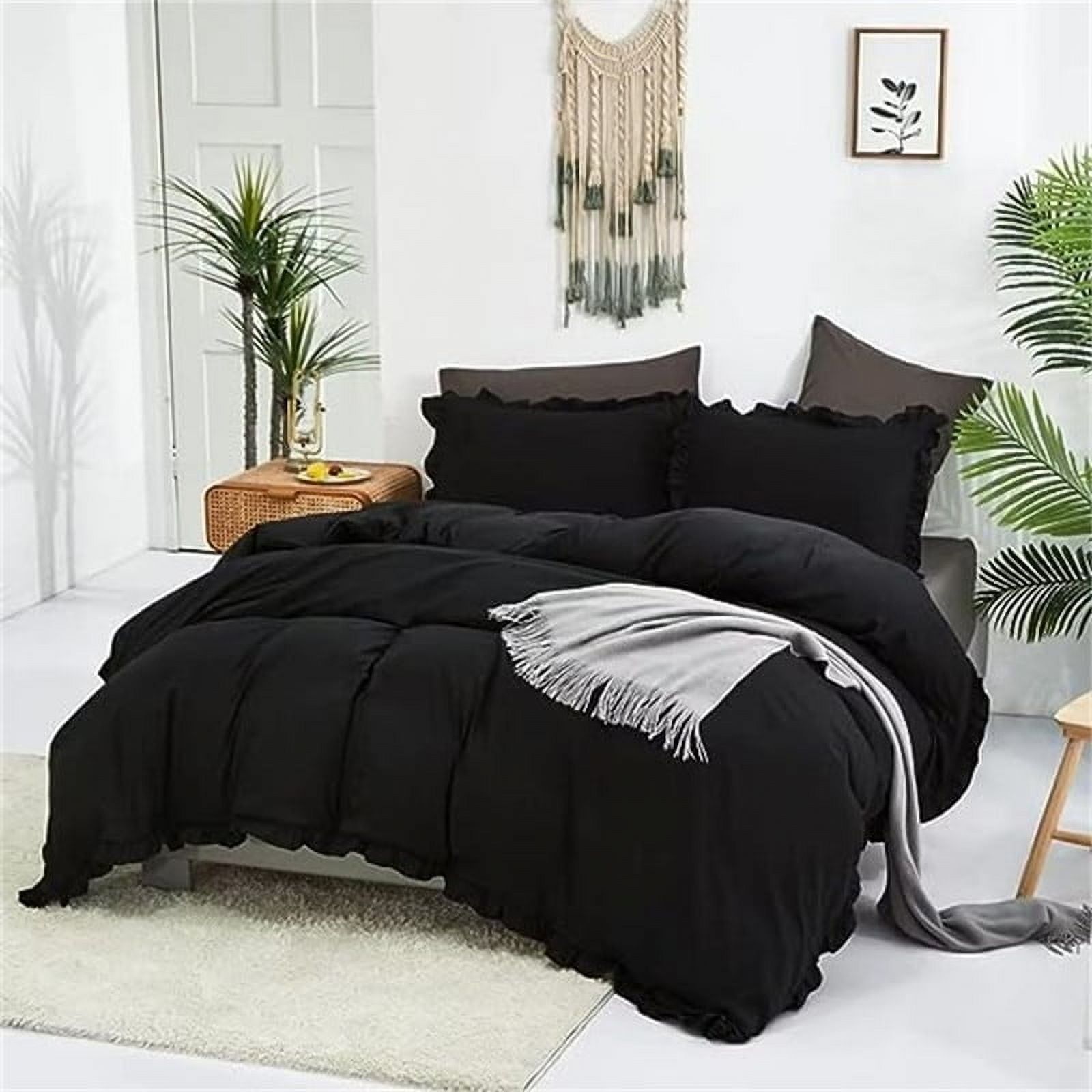 Black Ruffled Microfiber King Comforter Set with Pillowcases