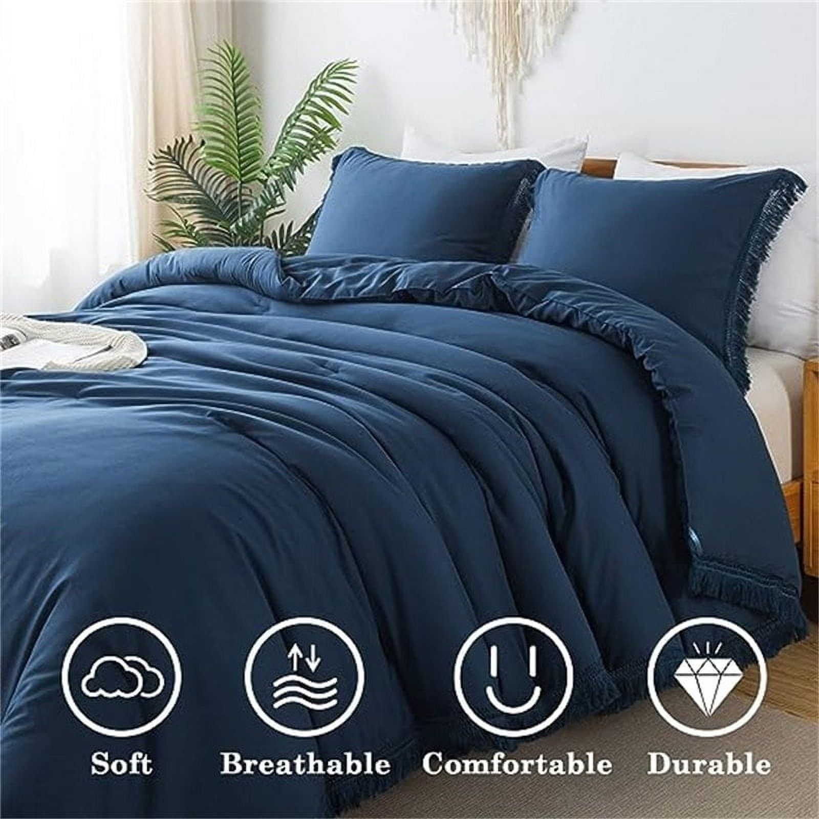 Navy Blue Queen Microfiber Boho Tassel Comforter Set