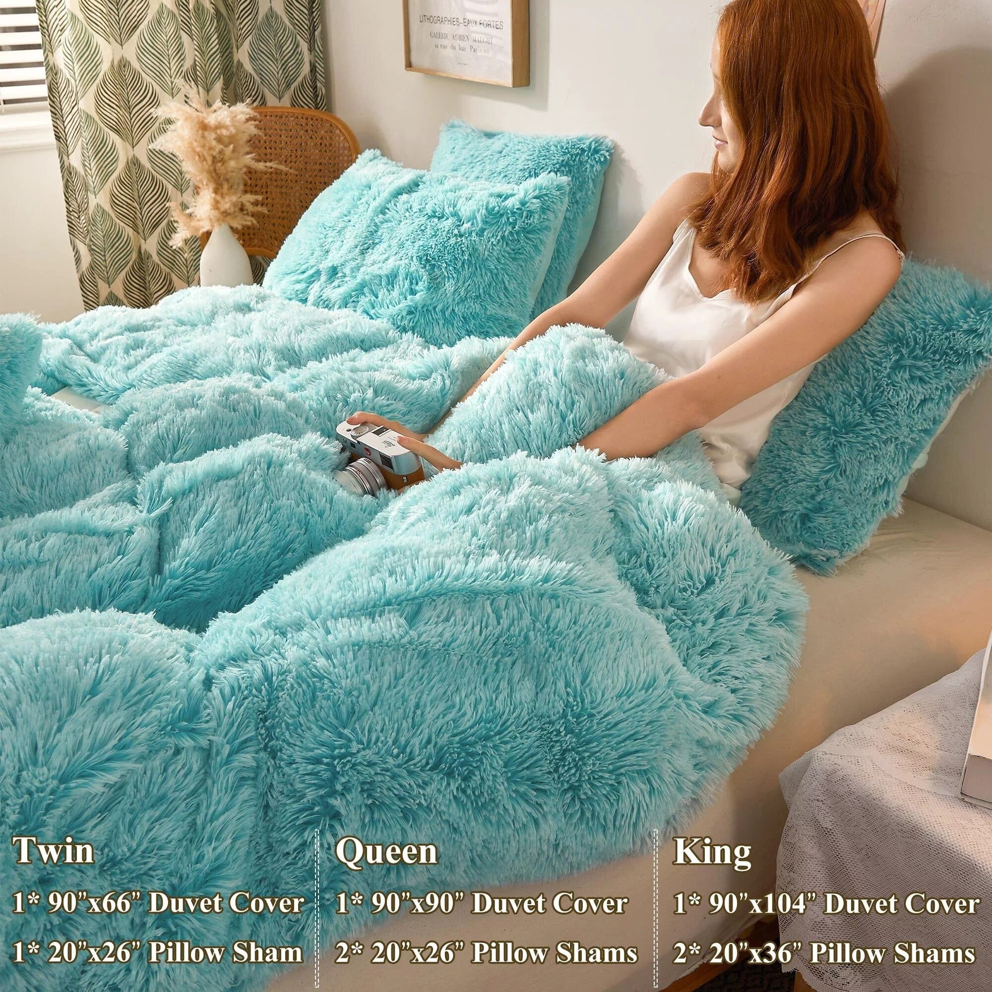 Aqua Ombre Plush Velvet Queen Bedding Set