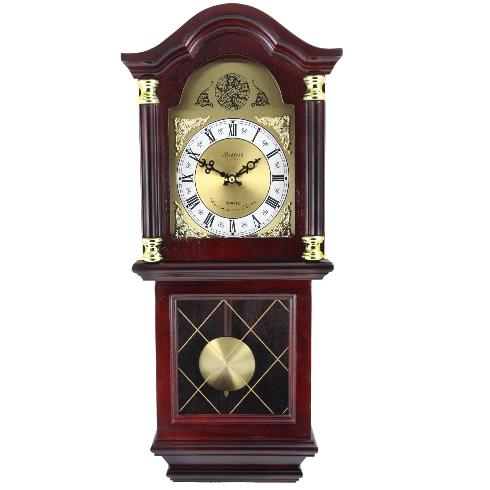 26" Antique Mahogany Cherry Oak Chiming Wall Clock with Roman Numerals