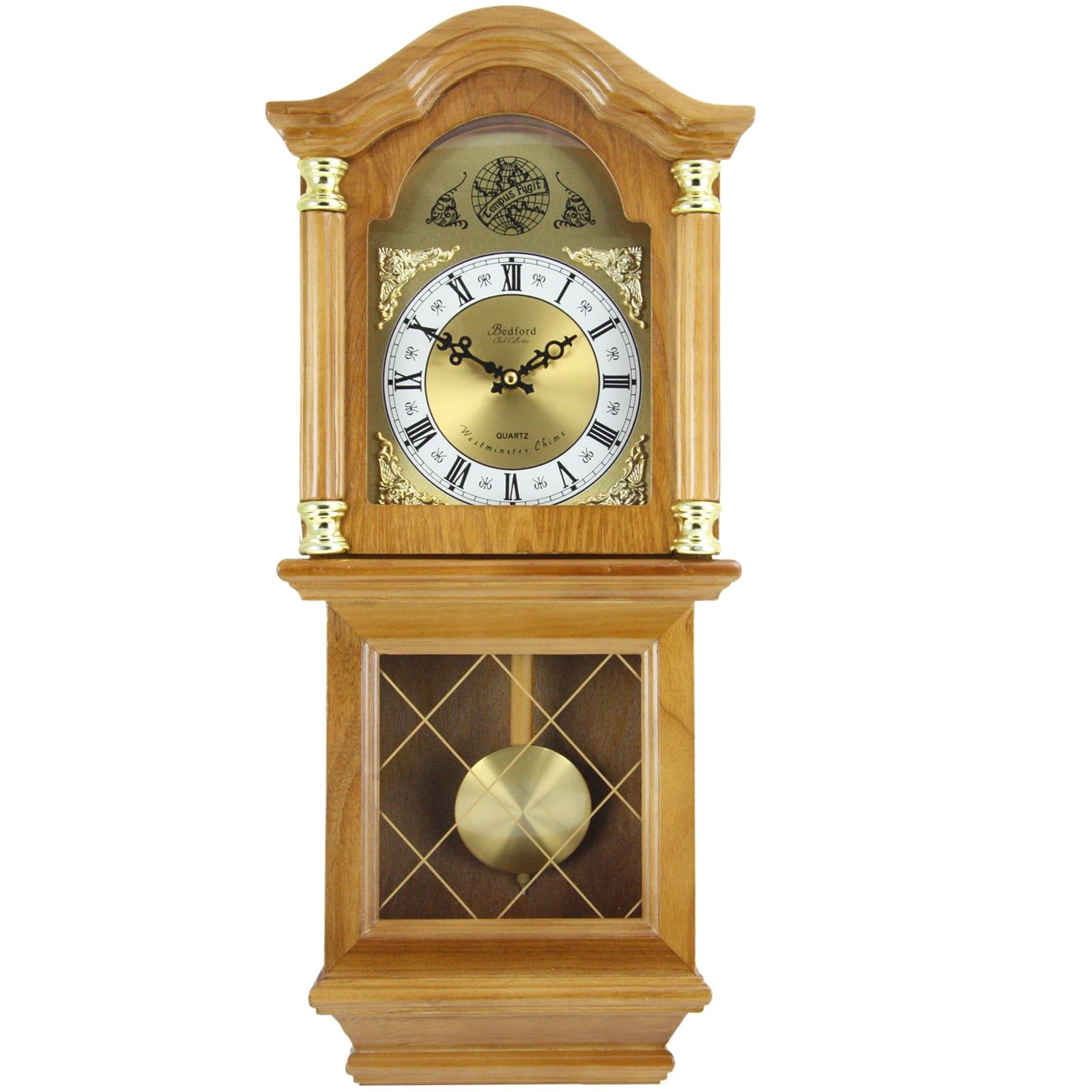 Golden Oak 26" Chiming Wall Clock with Swinging Pendulum