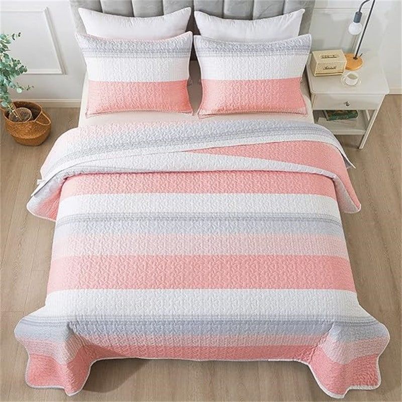 Pink and White Striped Microfiber Queen Bedspread Set