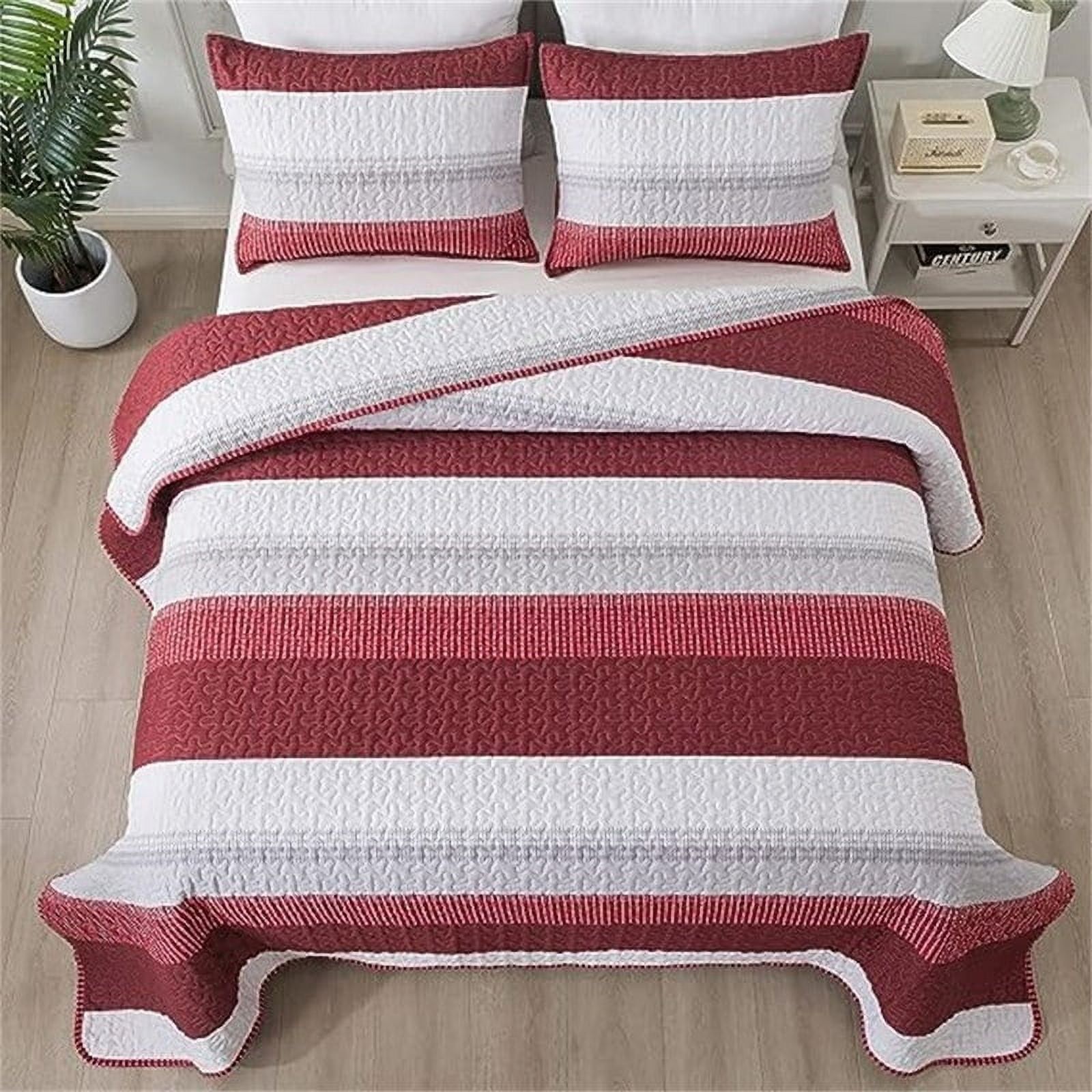 Red and White Striped Microfiber Queen Bedspread Set