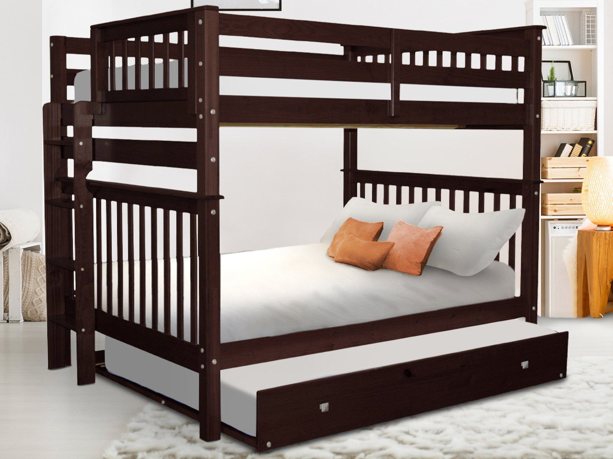 Mission-Style Full Over Full Bunk Bed with Trundle in Dark Cherry