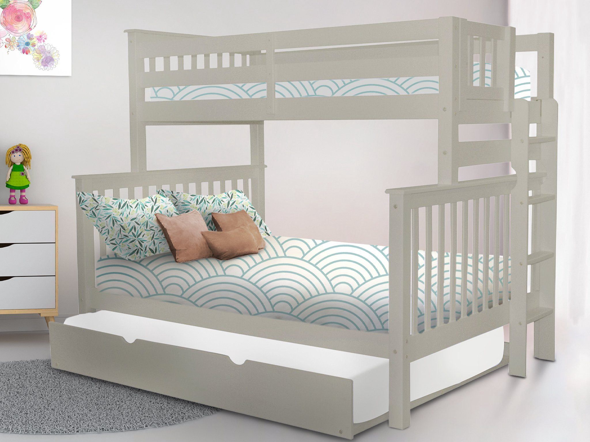 Gray Pine Wood Twin Over Full Bunk Bed with Trundle