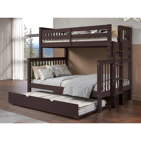 Dark Cherry Pine Twin Over Full Bunk Bed with Trundle