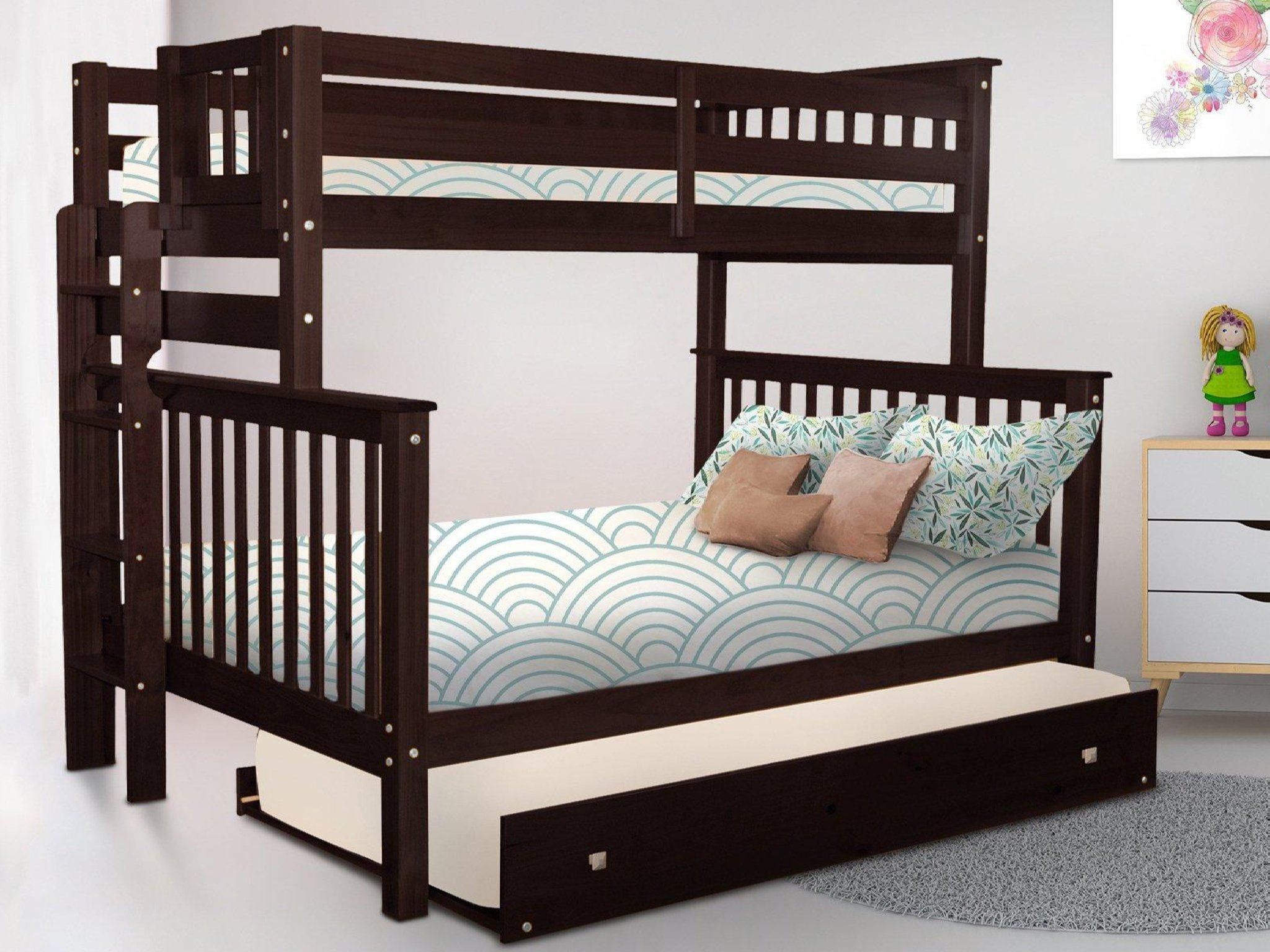 Dark Cherry Pine Twin Over Full Bunk Bed with Trundle