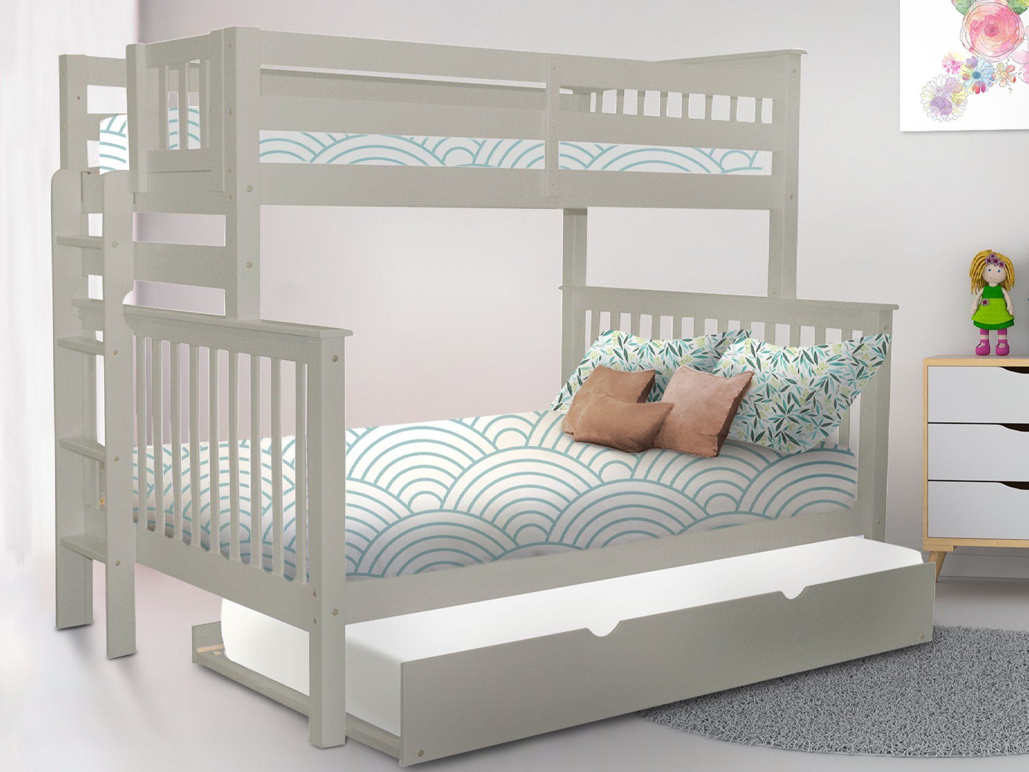 Gray Twin Over Full Pine Wood Mission Bunk Bed with Trundle