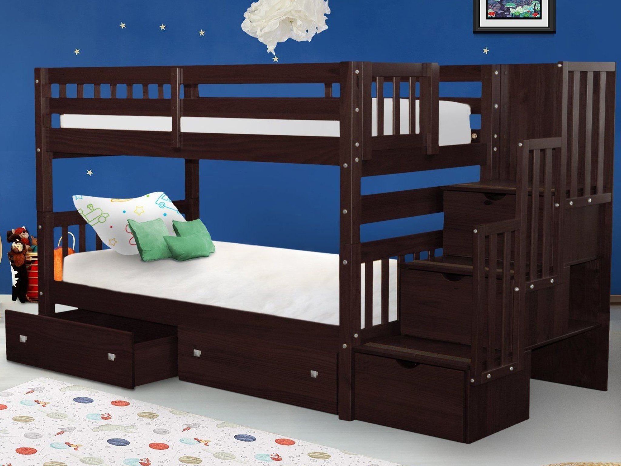 Dark Cherry Twin Over Twin Pine Wood Bunk Bed with Storage Drawers