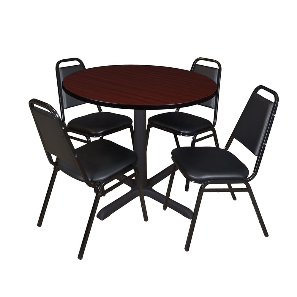 Cain 36" Mahogany Round Breakroom Table & 4 Black Metal Stack Chairs Set