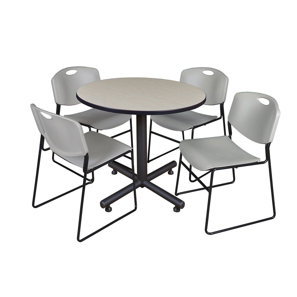 Maple 42" Round Breakroom Table & 4 Grey Metal Stack Chairs Set