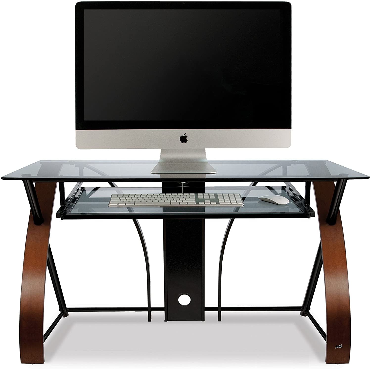 Espresso Curved Wood and Steel Computer Desk with Glass Keyboard Tray