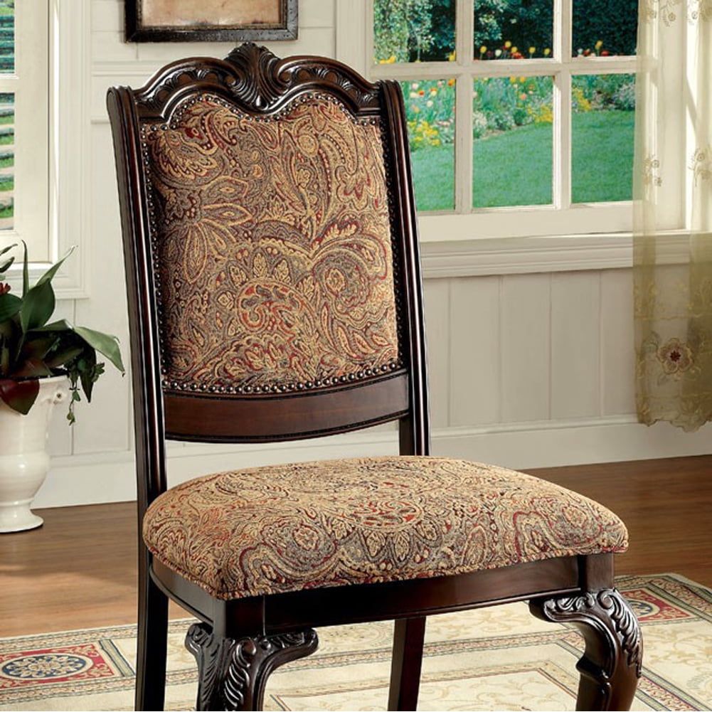 Bellagio Brown Cherry Upholstered Side Chair with Intricate Carvings