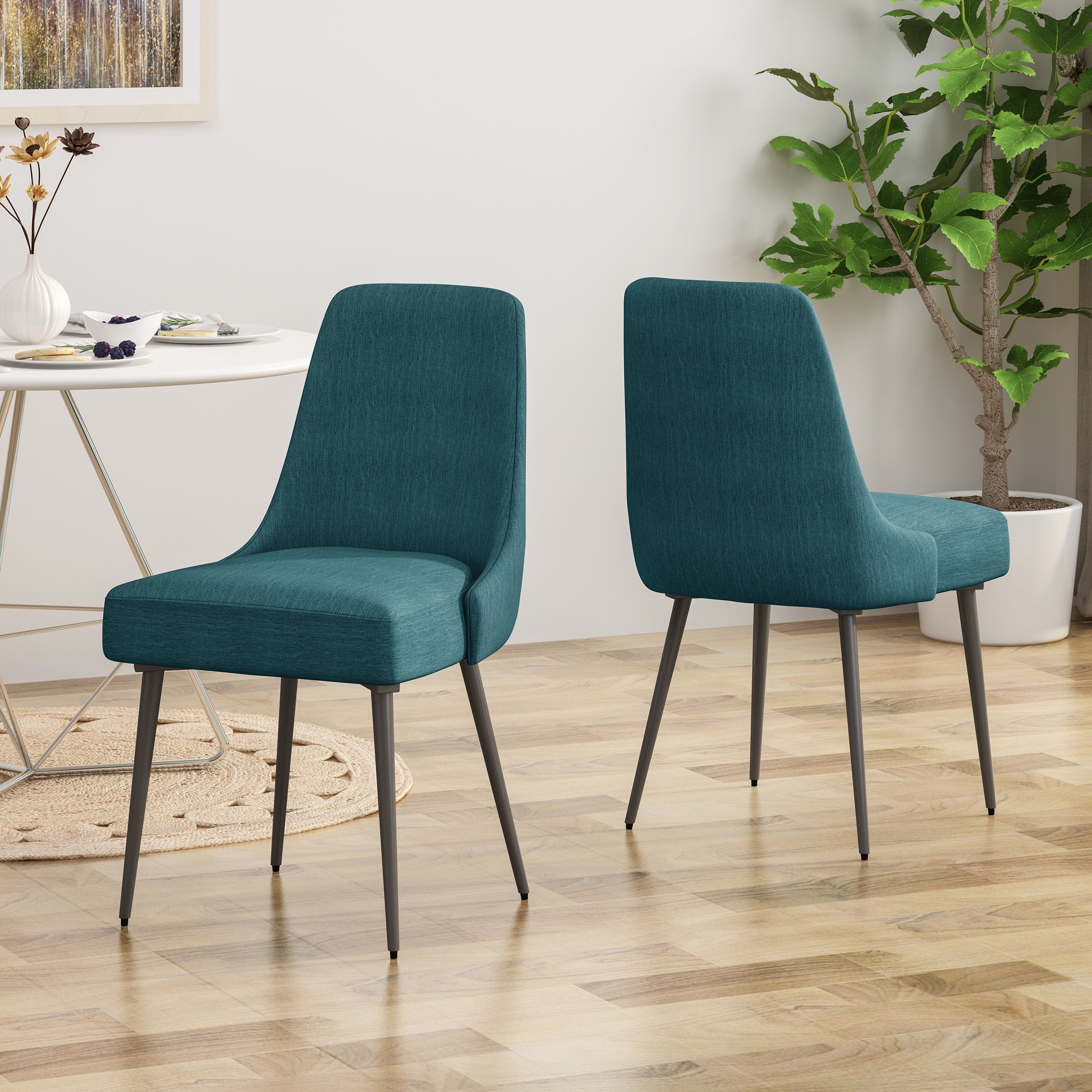 Teal Upholstered Dining Side Chairs with Gunmetal Iron Legs, Set of 2