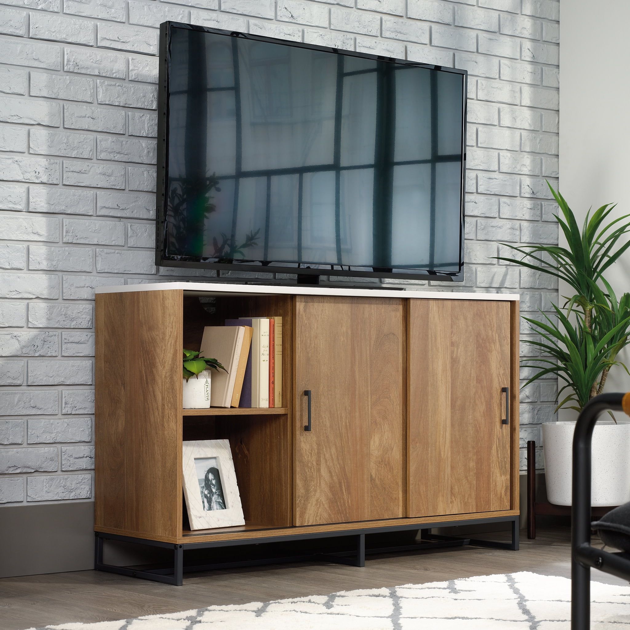 Sindoori Mango and White TV Credenza with Sliding Doors