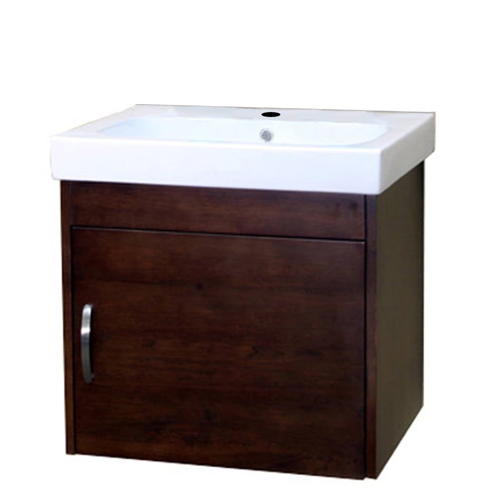 24.4" Medium Walnut Birch Wall-Mount Vanity with Ceramic Sink