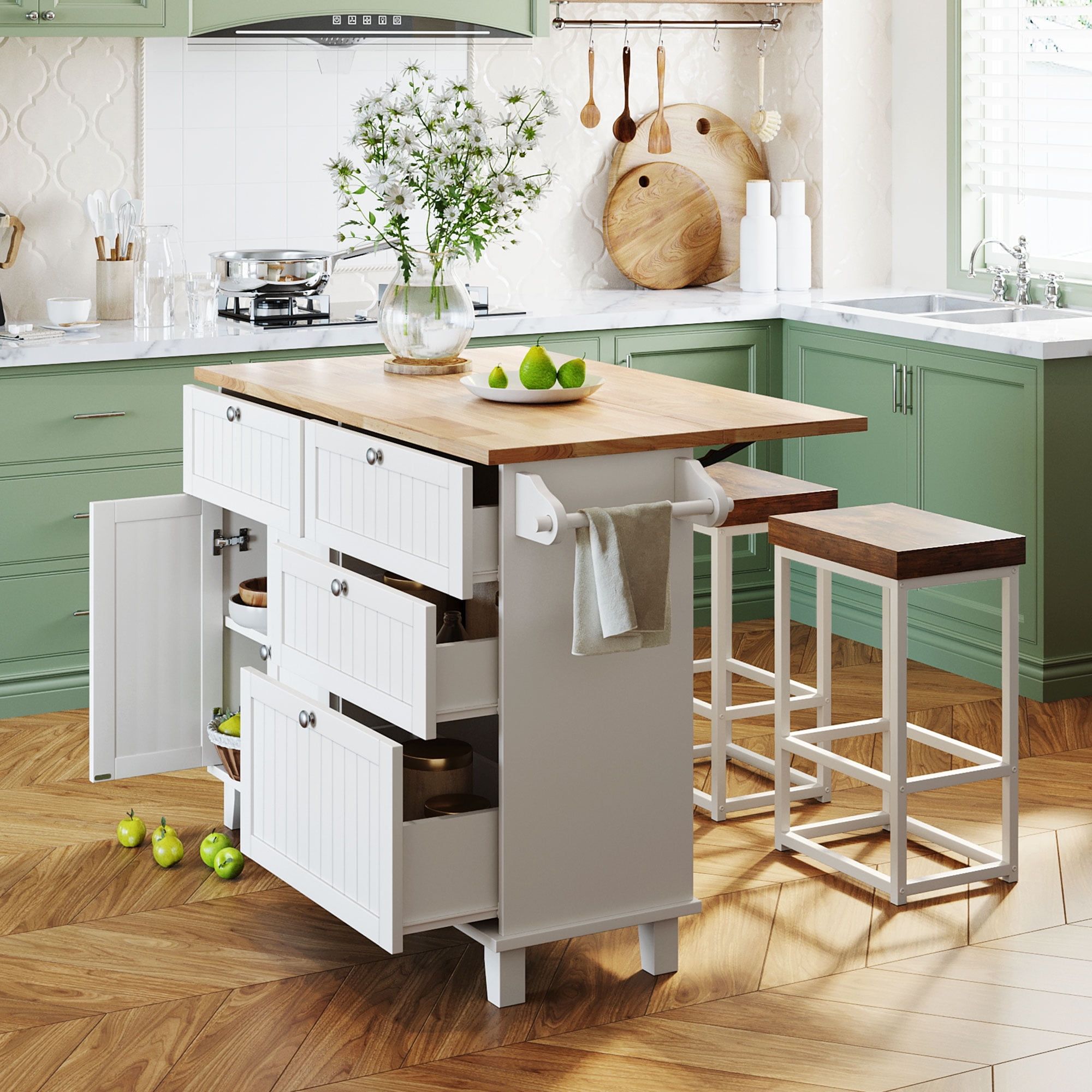 White and Rustic Brown Solid Wood Kitchen Island Set with Drop Leaf