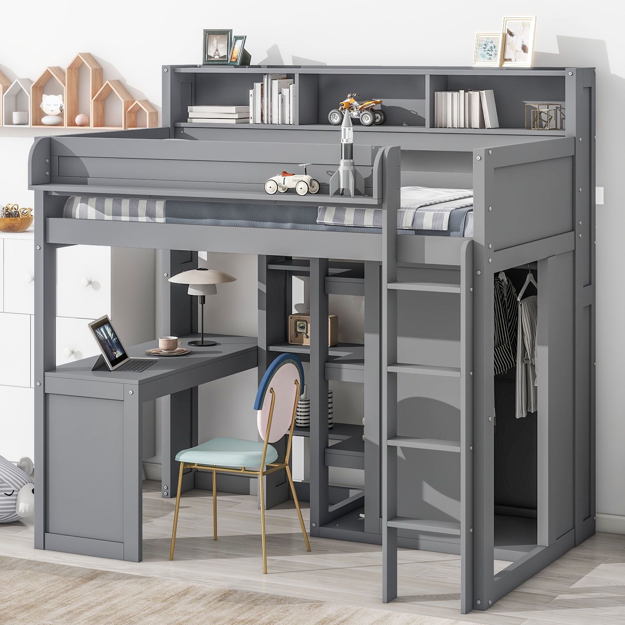 Gray Pine Twin Loft Bed with Desk and Storage Shelves