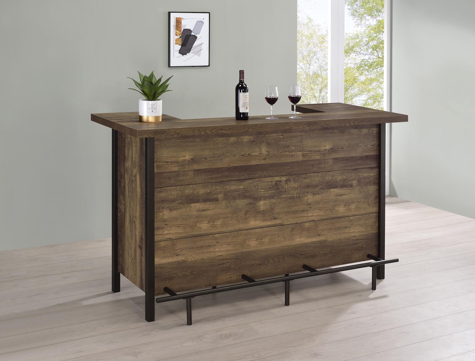 Rustic Oak and Black Rectangular Bar Unit with Storage