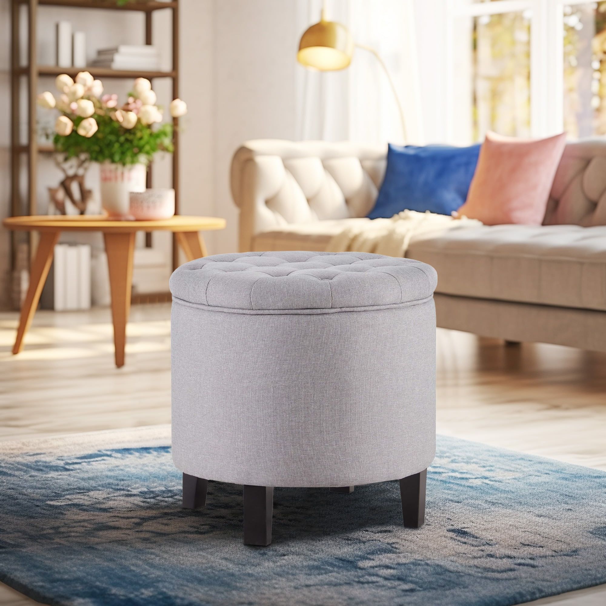 Elegant Gray Tufted Round Cocktail Ottoman with Storage