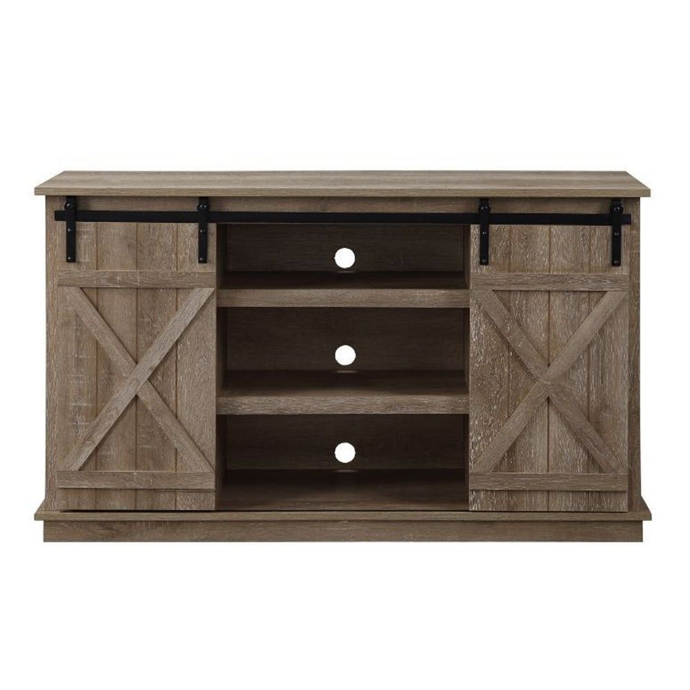 Rustic Oak Corner TV Stand with Sliding Barn Doors