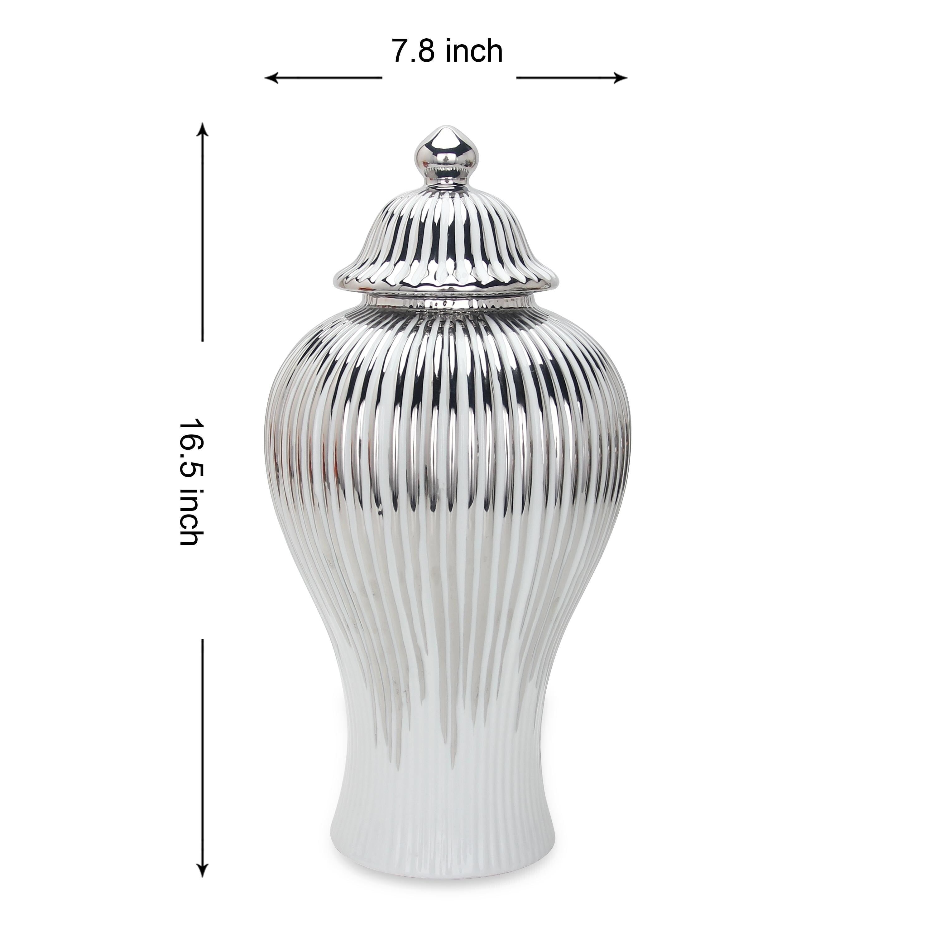 Elegant Silver Ceramic Ginger Jar Vase with Lid