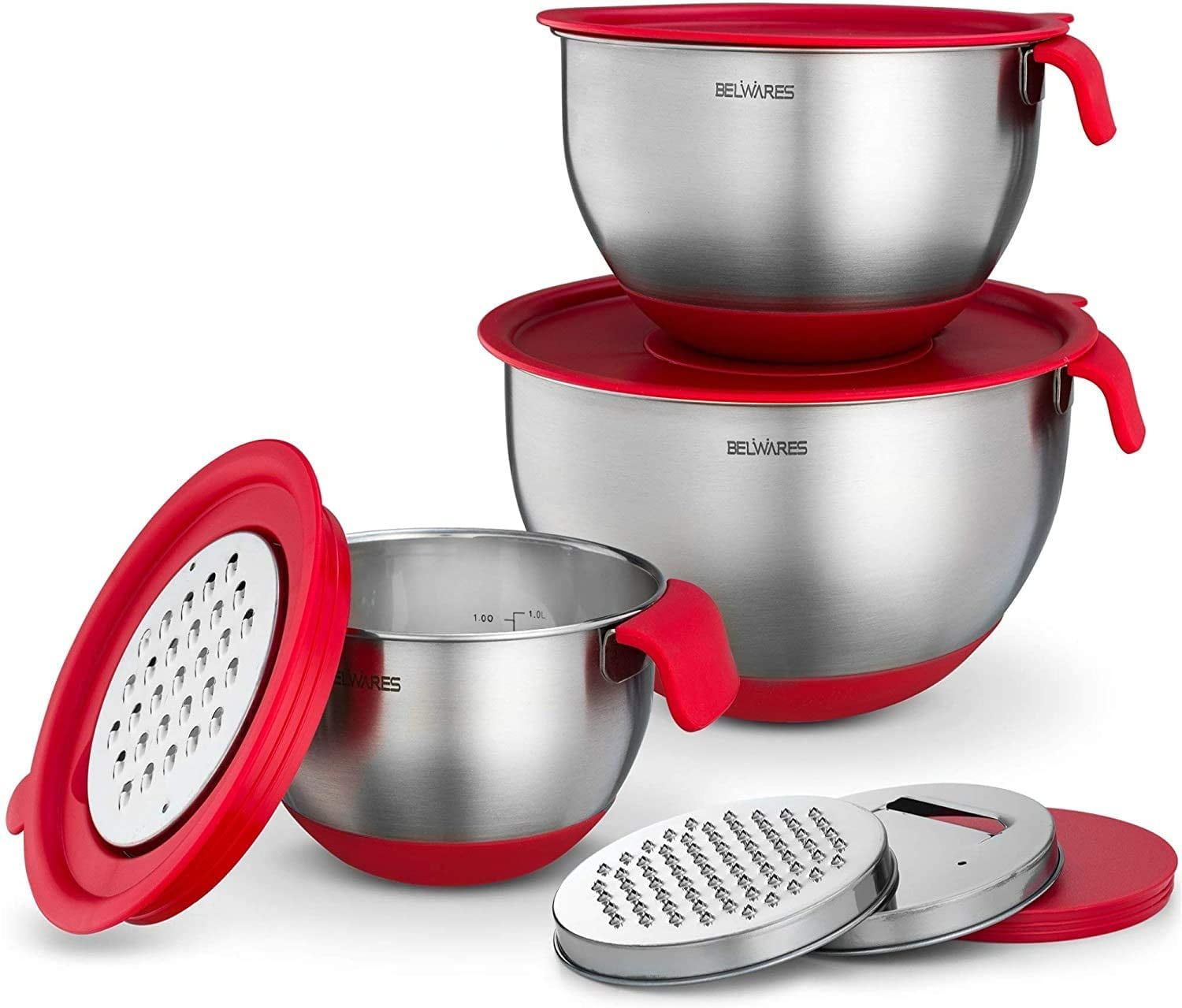 Red Stainless Steel Mixing Bowls Set with Lids and Graters