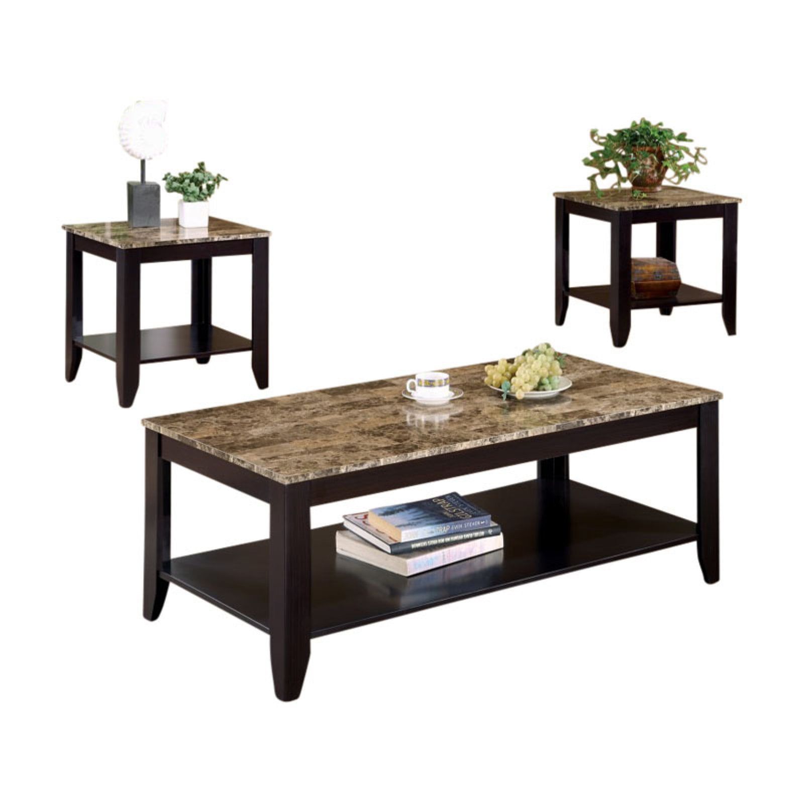 Brown Wood and Faux Marble 3-Piece Coffee Table Set