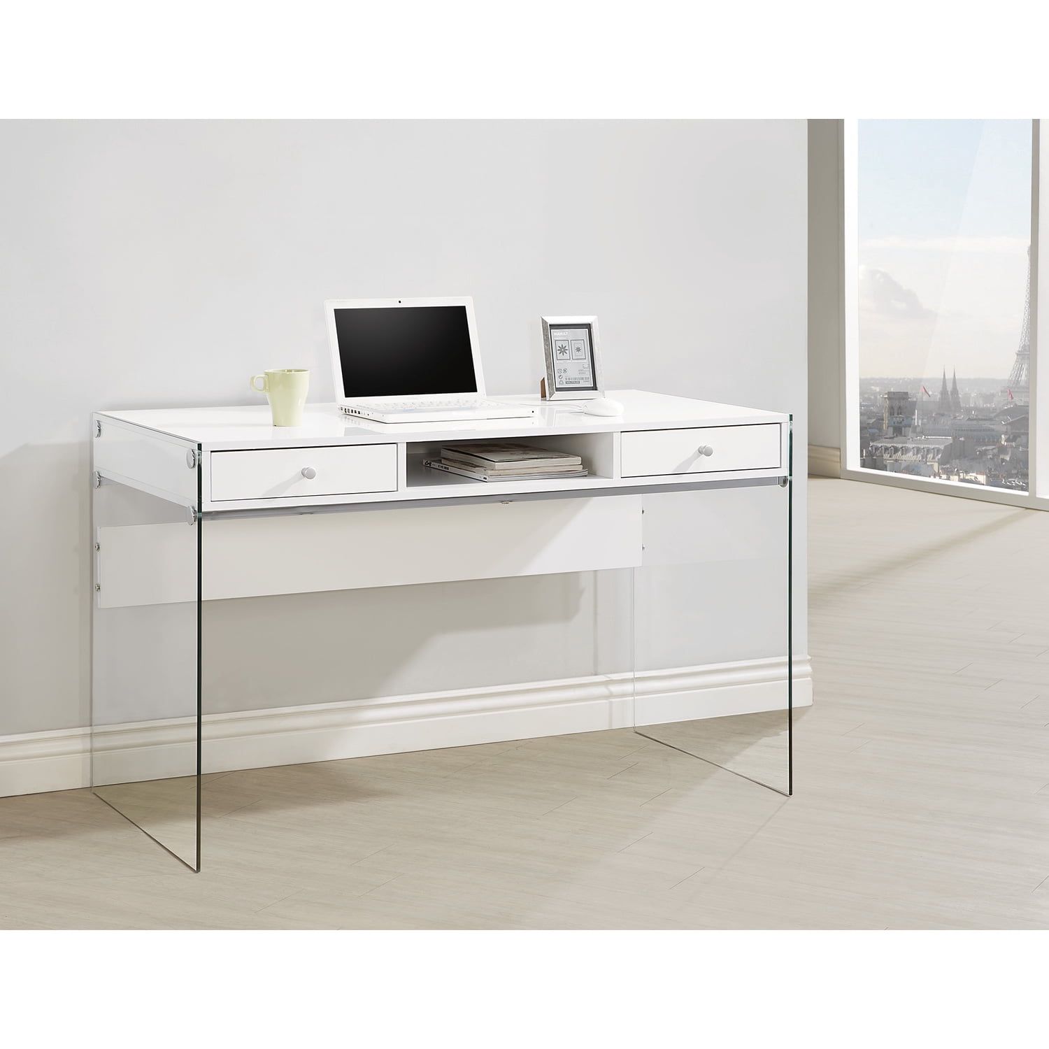 White and Clear Glass Writing Desk with Drawers