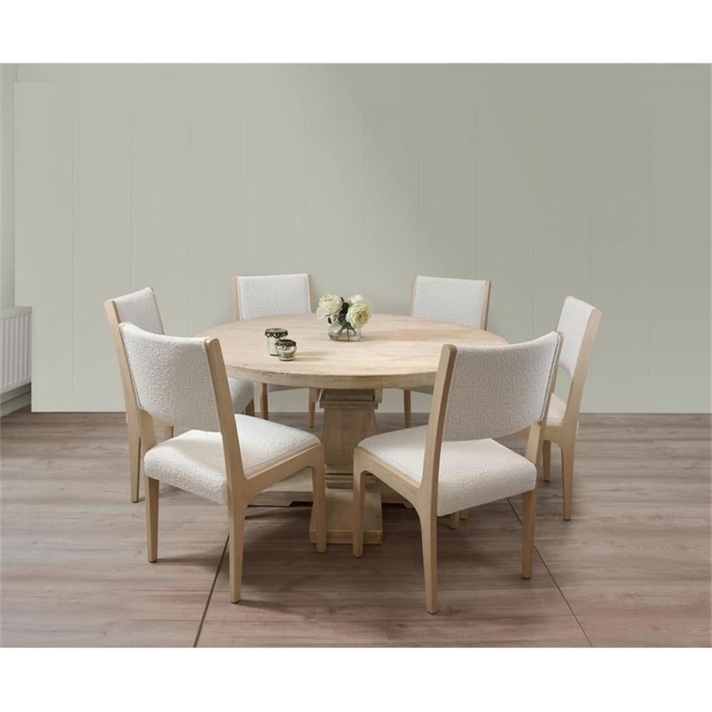 Benedict 58" Distressed White Wash Mango Wood Dining Set with Ivory Boucle Chairs