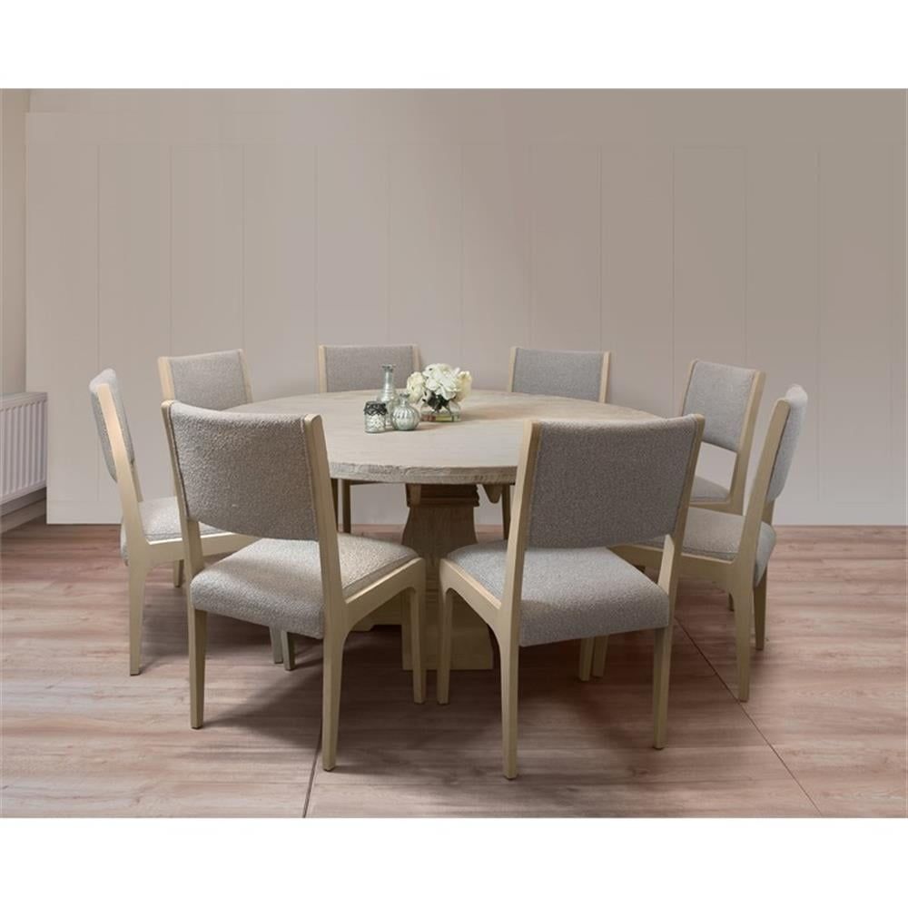 Benedict 70" Distressed White Wash Mango Wood Round Dining Set with 8 Gray Boucle Fabric Ash Chairs