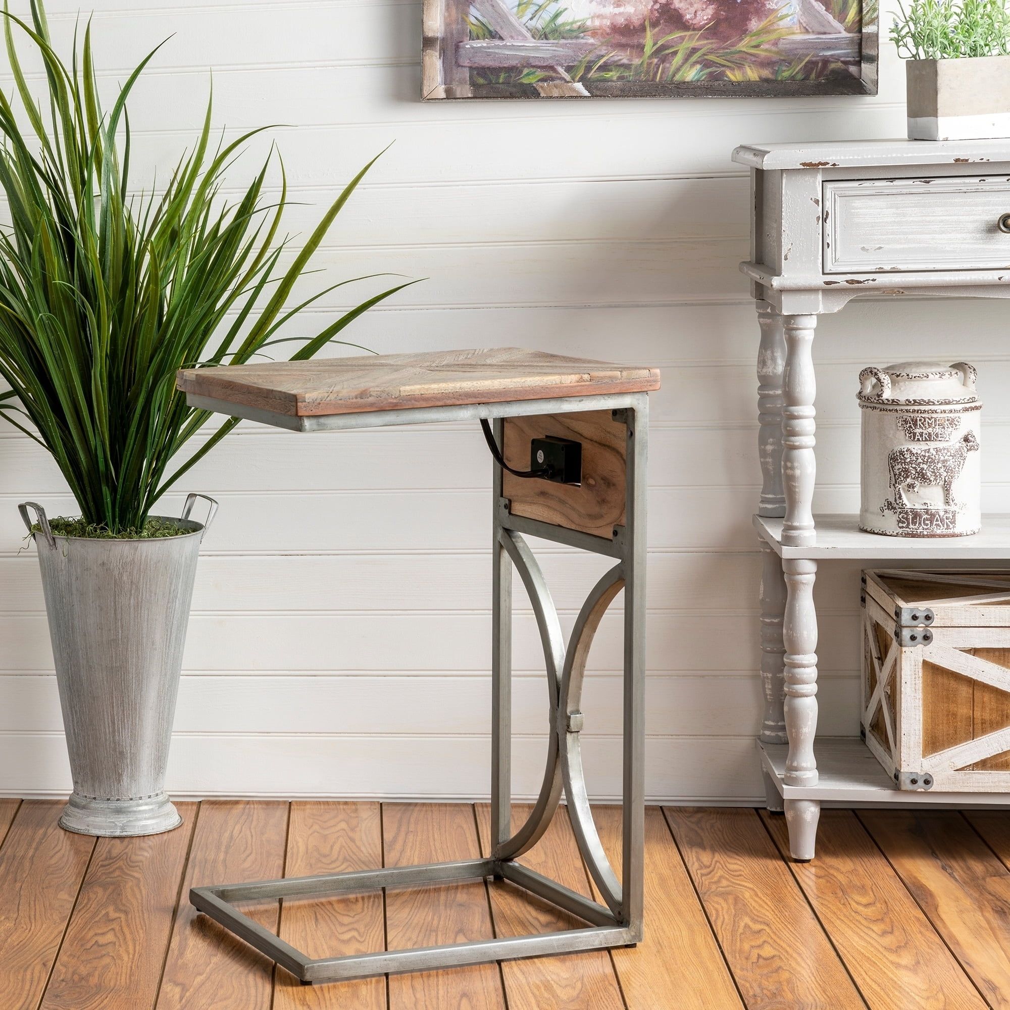 Crestview Acacia Wood and Antique Silver C-Side Table with USB Ports