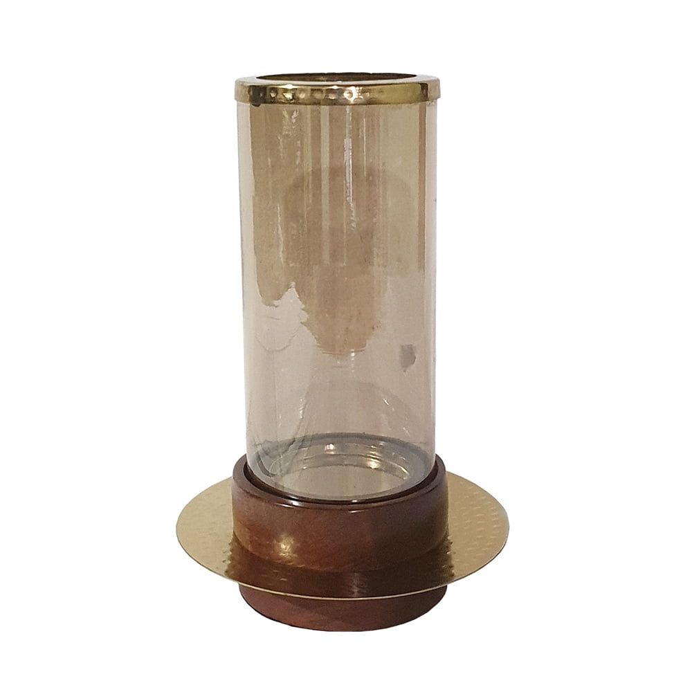 Vintage Acacia Wood Base Glass Hurricane Candle Holder, 11"