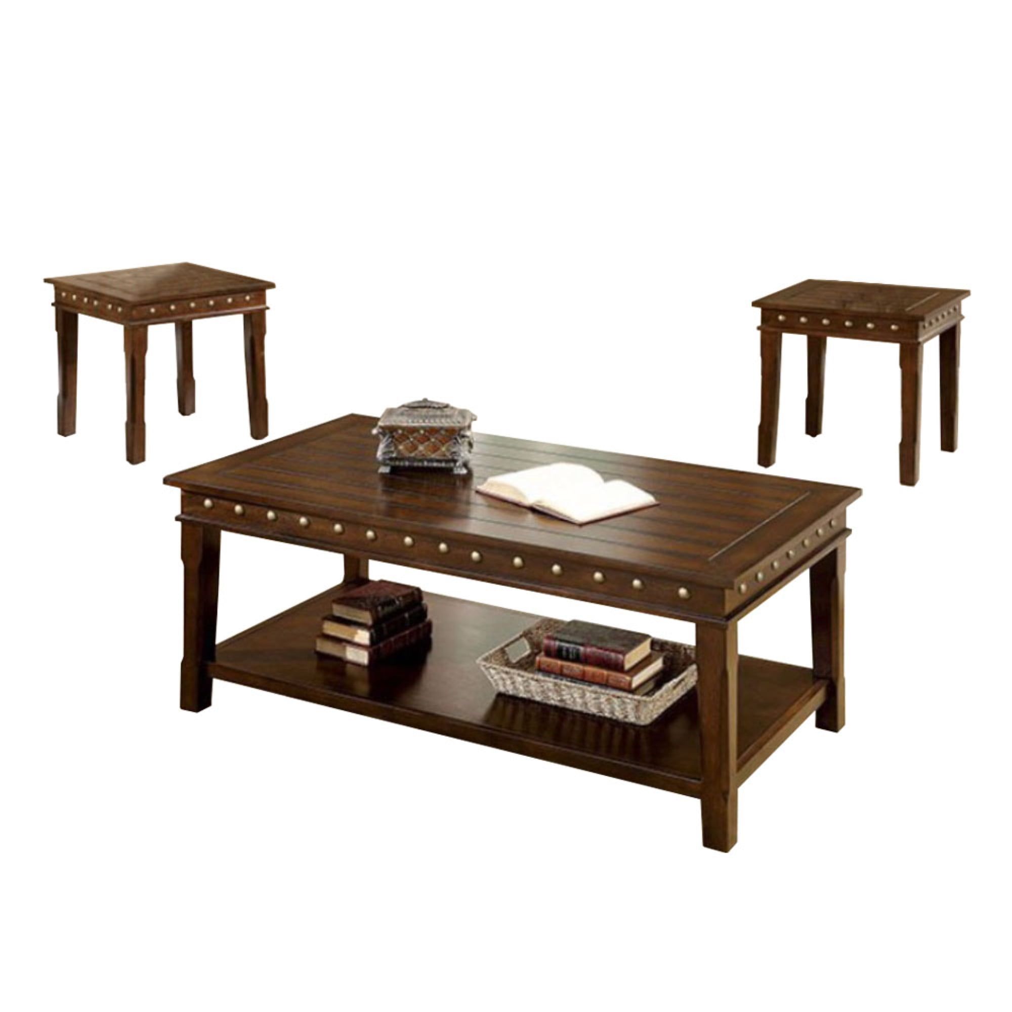 Rustic Oak Brown Solid Wood Coffee & End Table Set with Nailhead Accents