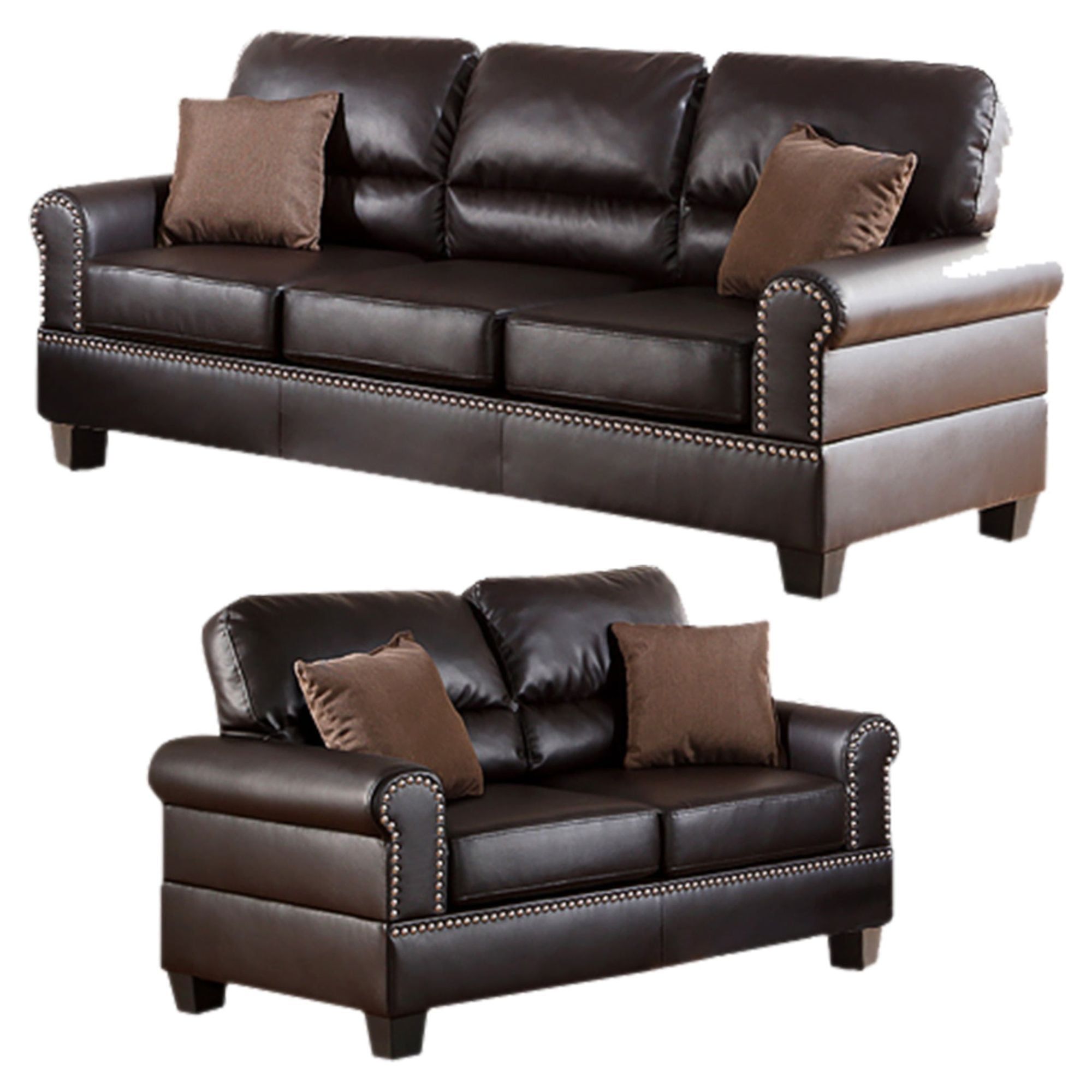 Brown Bonded Leather Sofa and Loveseat Set with Pillows