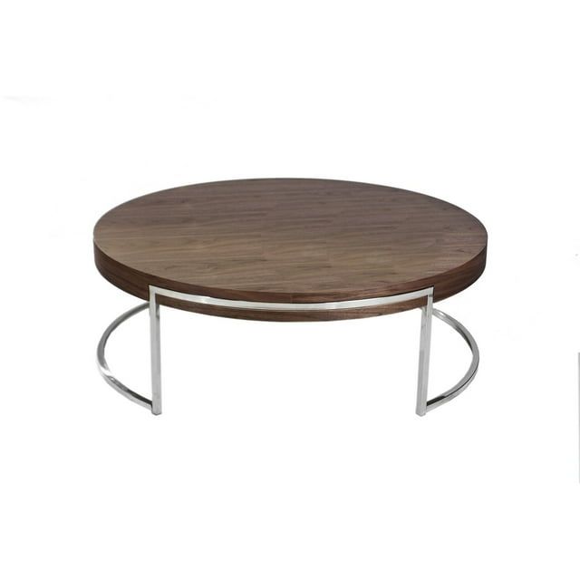 Round Walnut Wood and Chrome Steel Cocktail Table