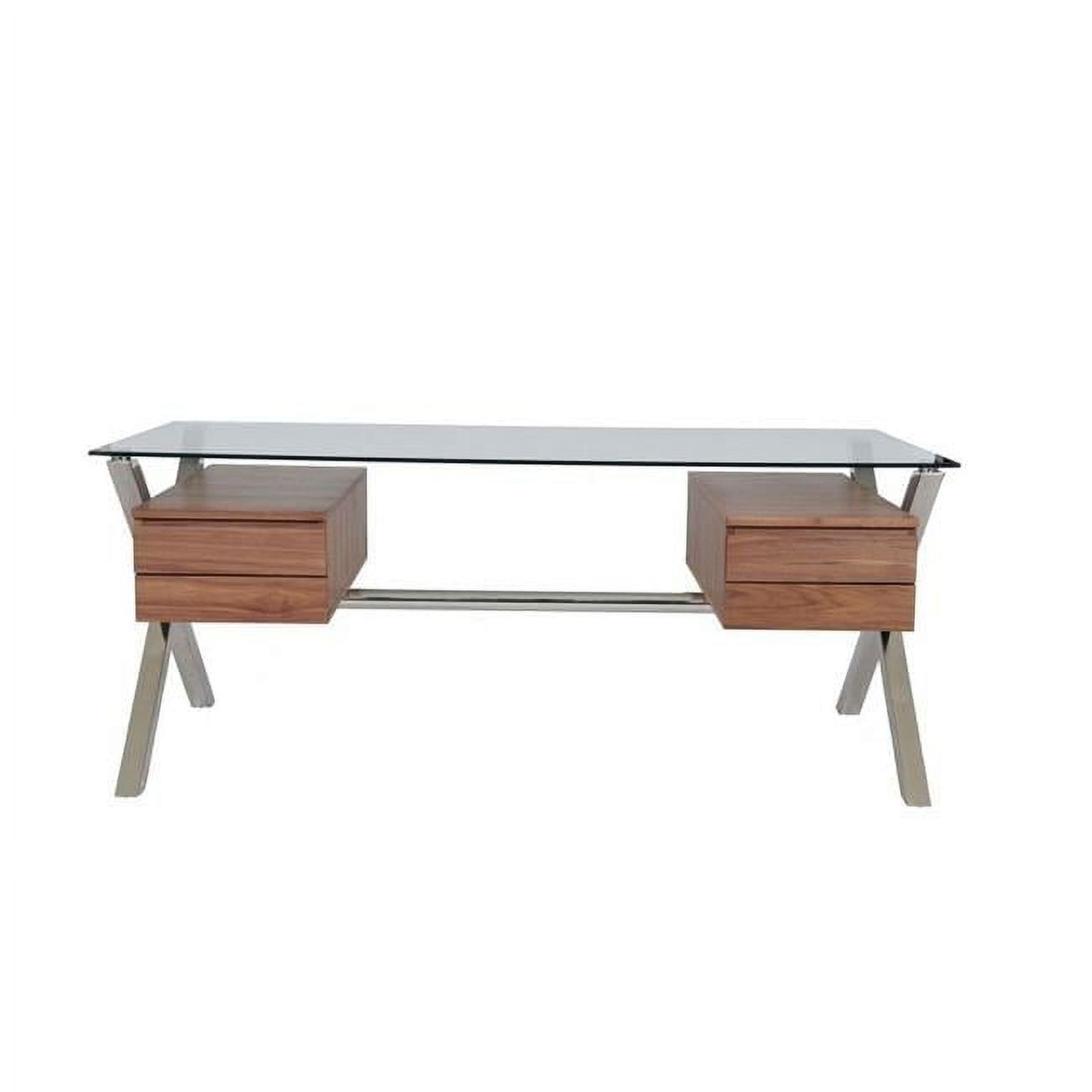 Tia 71" Light Brown and Chrome Glass Top Office Desk with Drawers