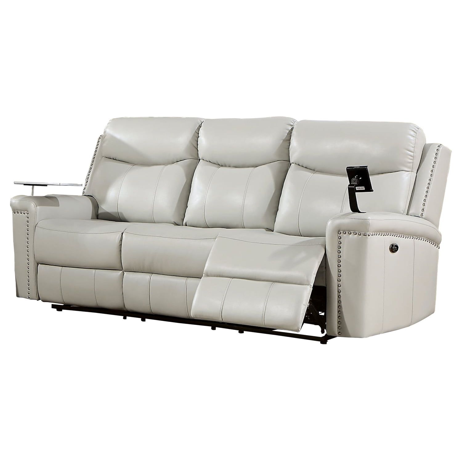 87'' Light Gray Faux Leather Reclining Sofa with USB and Nailhead Trim