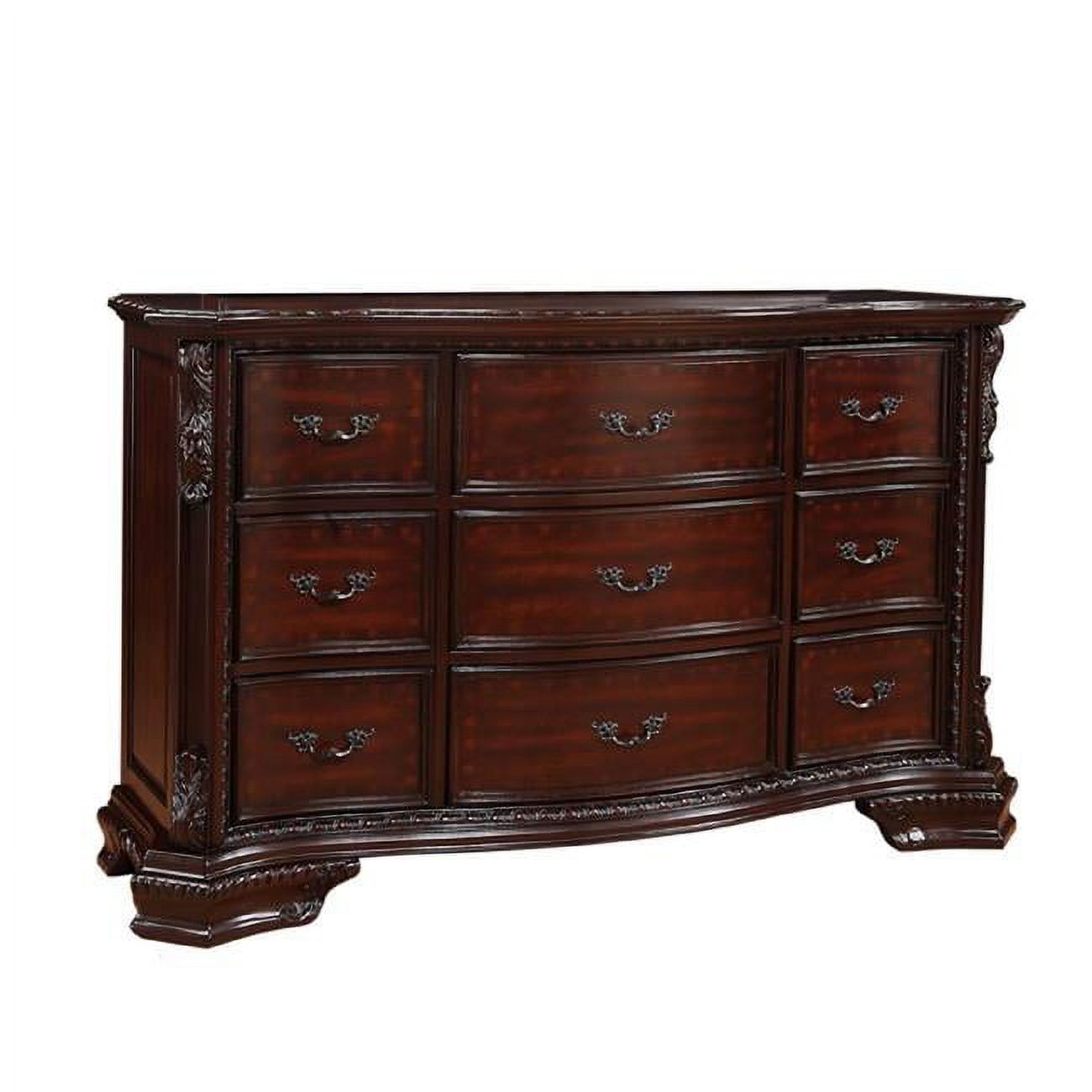 Transitional Cherry Brown 64" Dresser with Tufted Faux Leather & Drawers