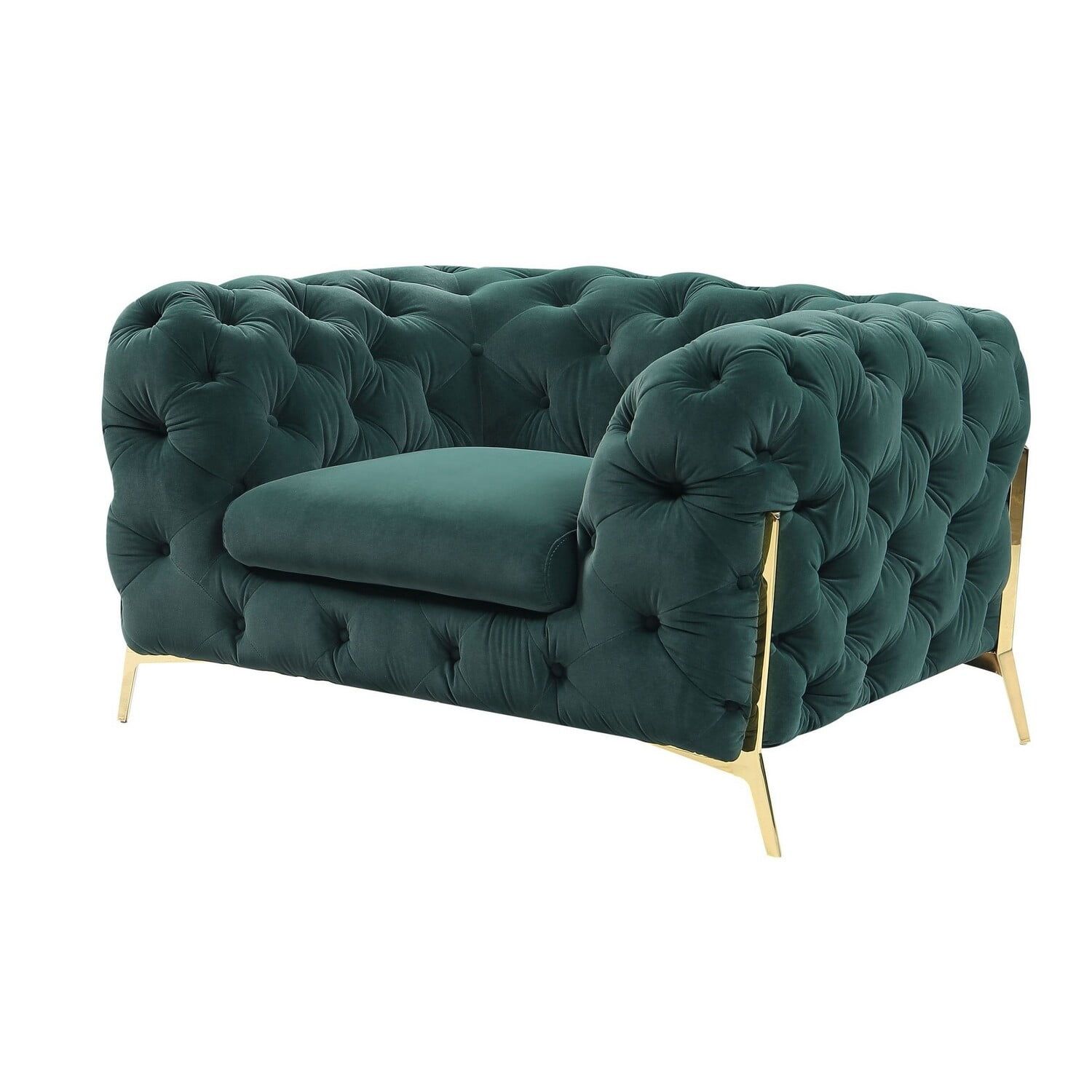 Ava Alto Emerald Green Velour 50" Chesterfield Chair with Wood Frame