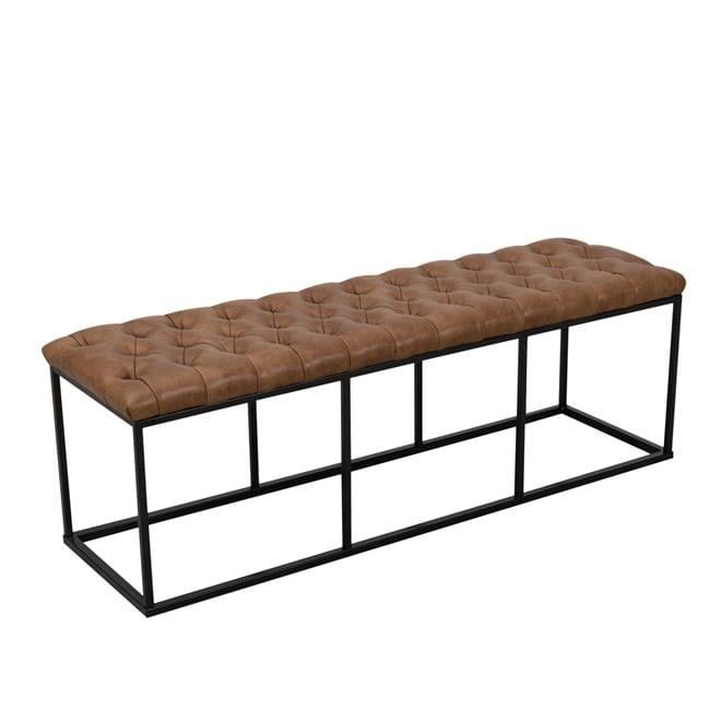 Brown Faux Leather Tufted Bench with Metal Base