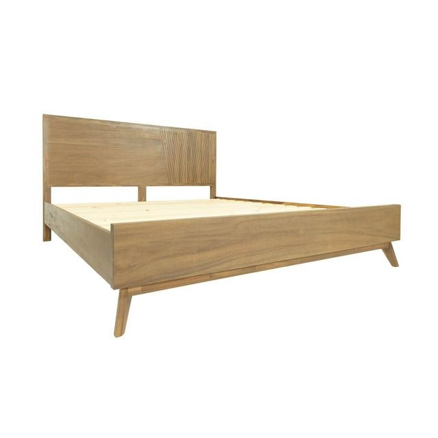 King Size Walnut Brown Acacia Wood Platform Bed with Panel Headboard