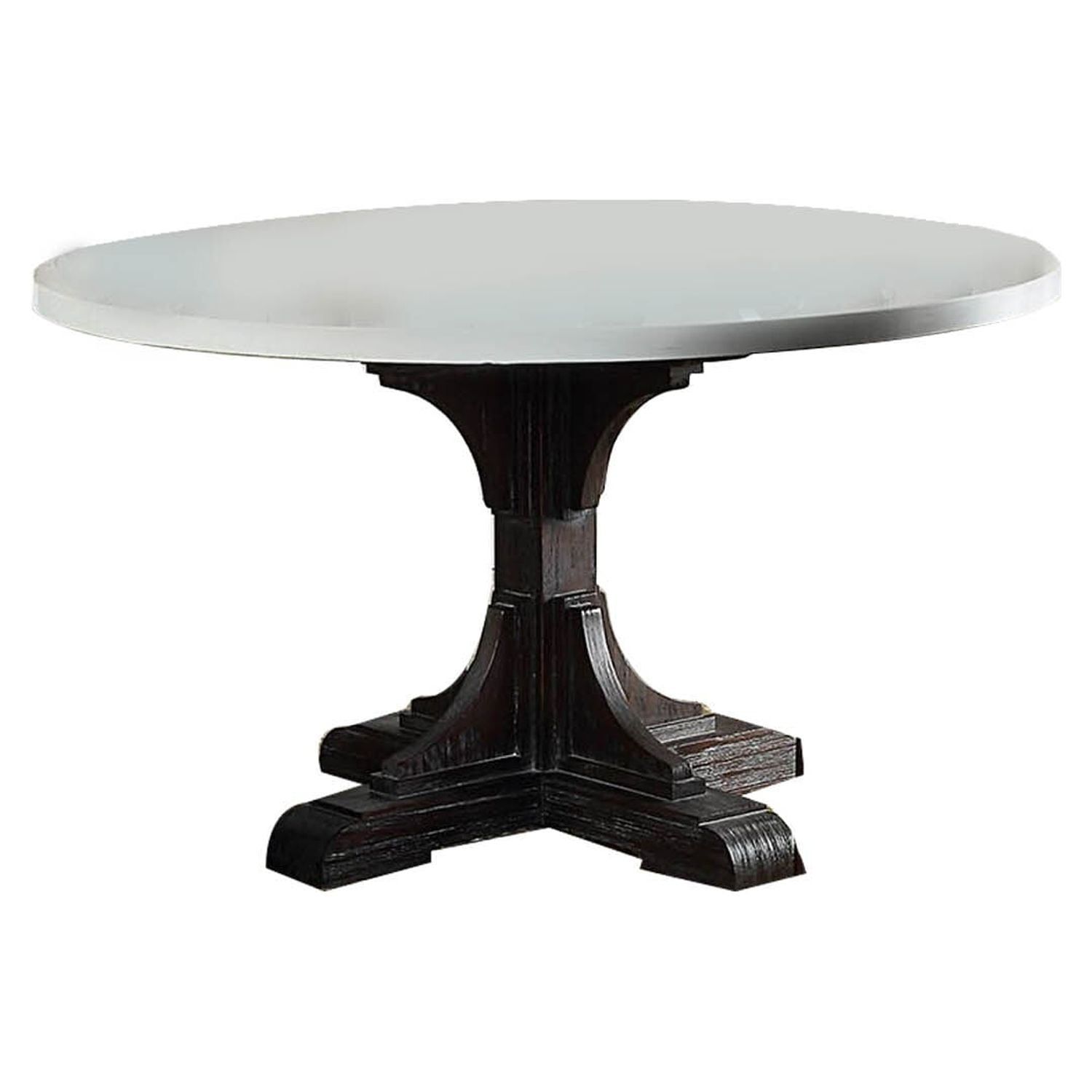 Round White Marble Top Dining Table with Dark Wood Pedestal Base