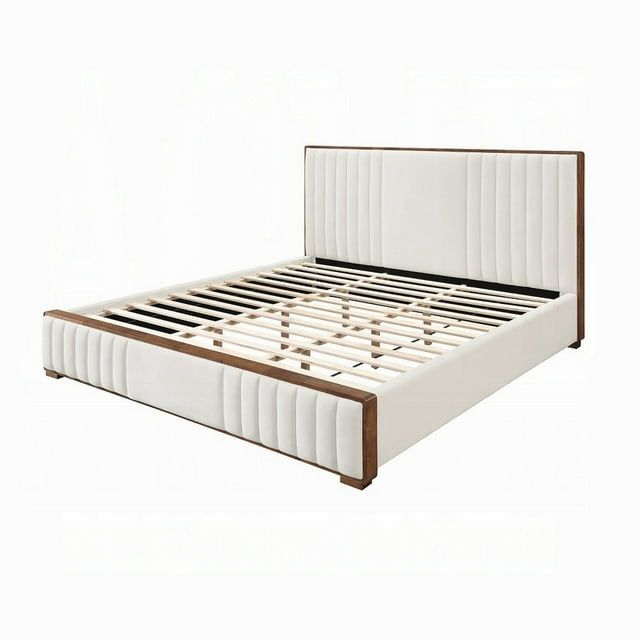 Lesa Queen Bed with Beige Chenille Upholstery and Walnut Wood Frame
