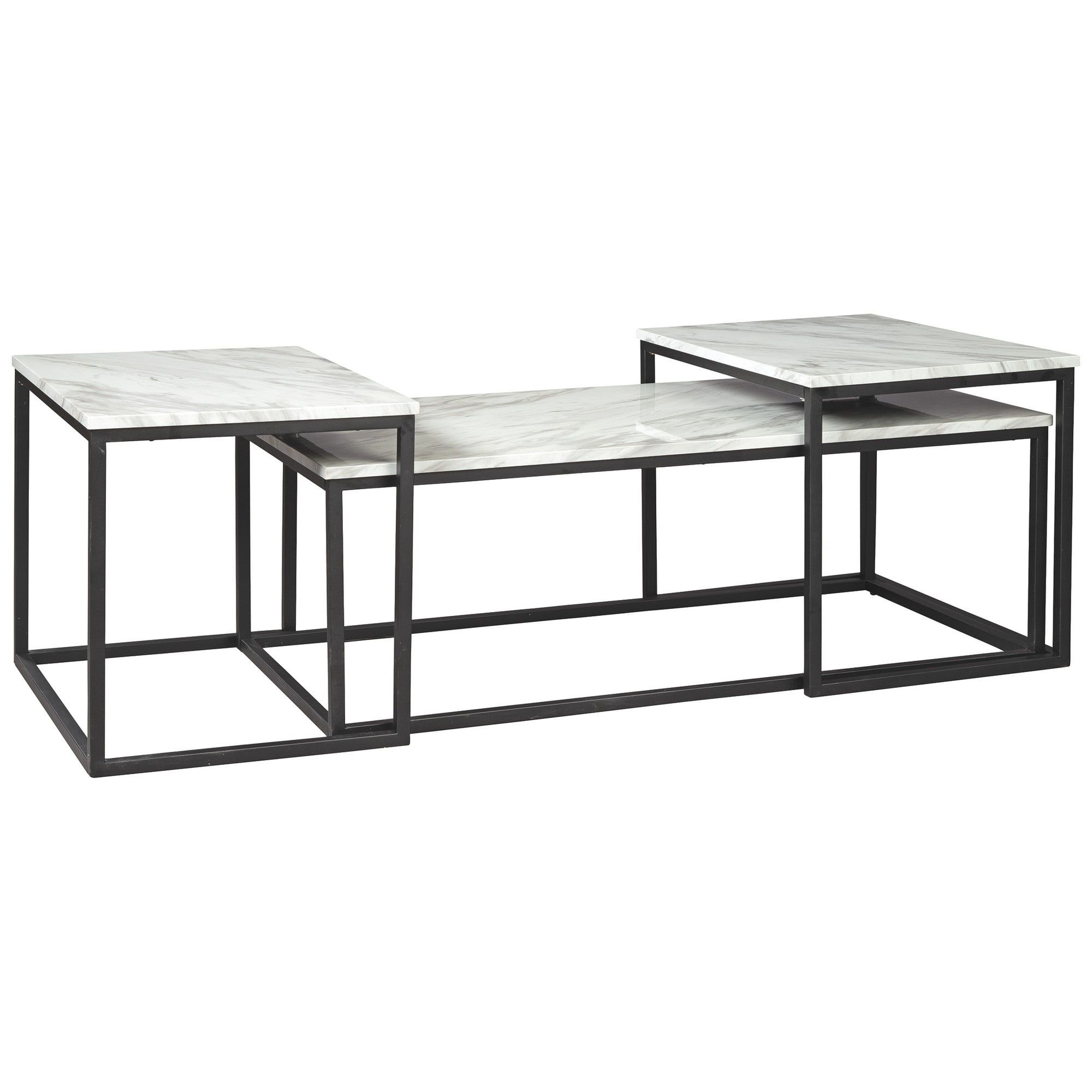 Contemporary Black Metal Frame Rectangular Marble Top 3-Piece Table Set