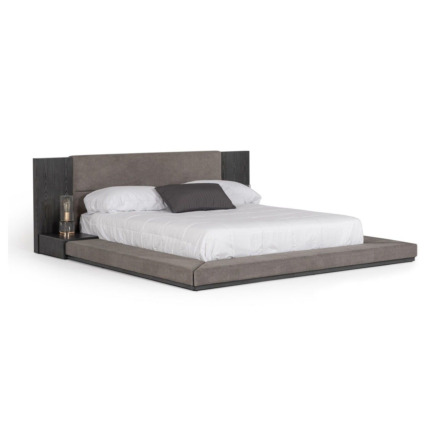Gray Upholstered Queen Bed with Wood Frame and Built-in Nightstands