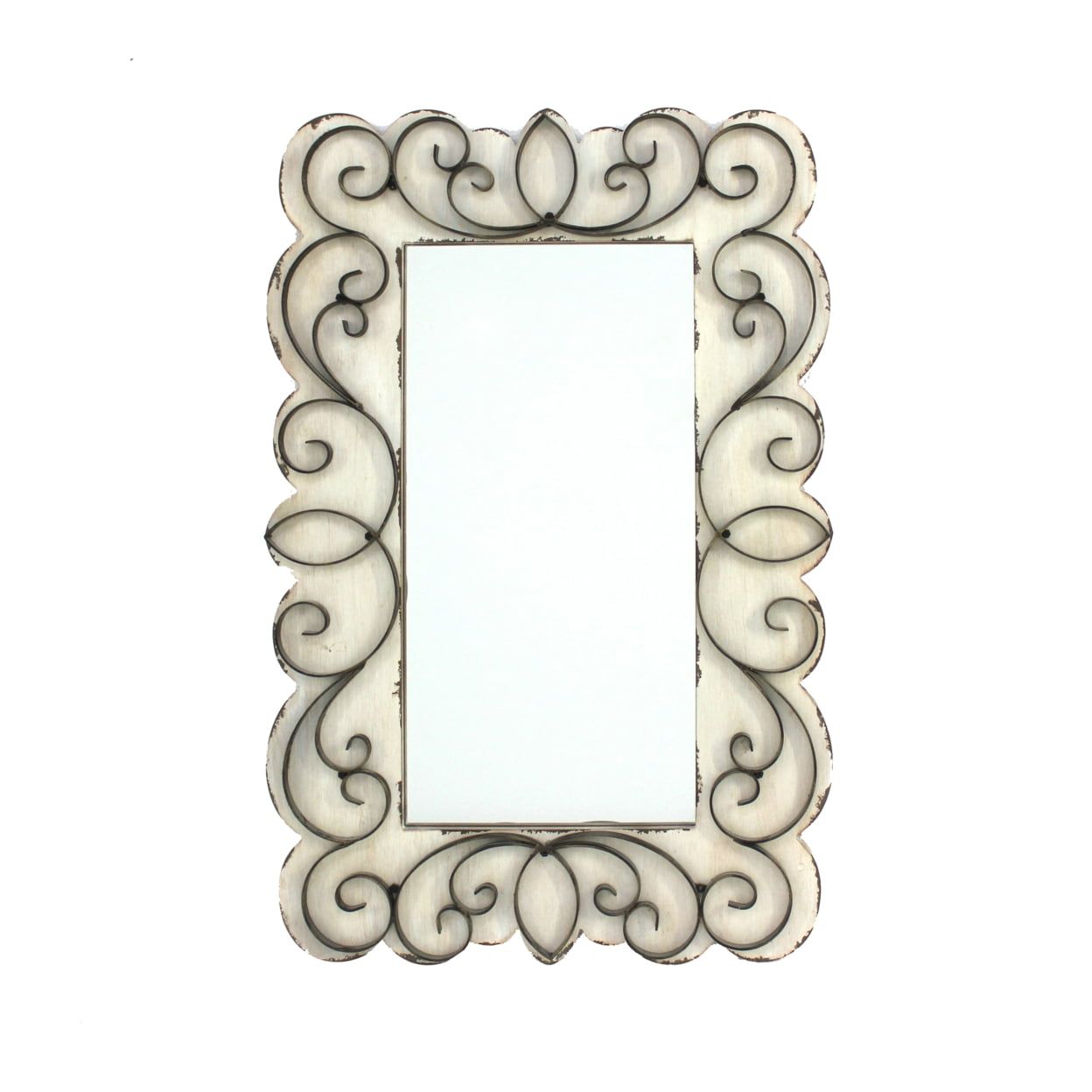 Elegant Weathered White 22"x33" Rectangular Wall Mirror with Scrolled Metalwork