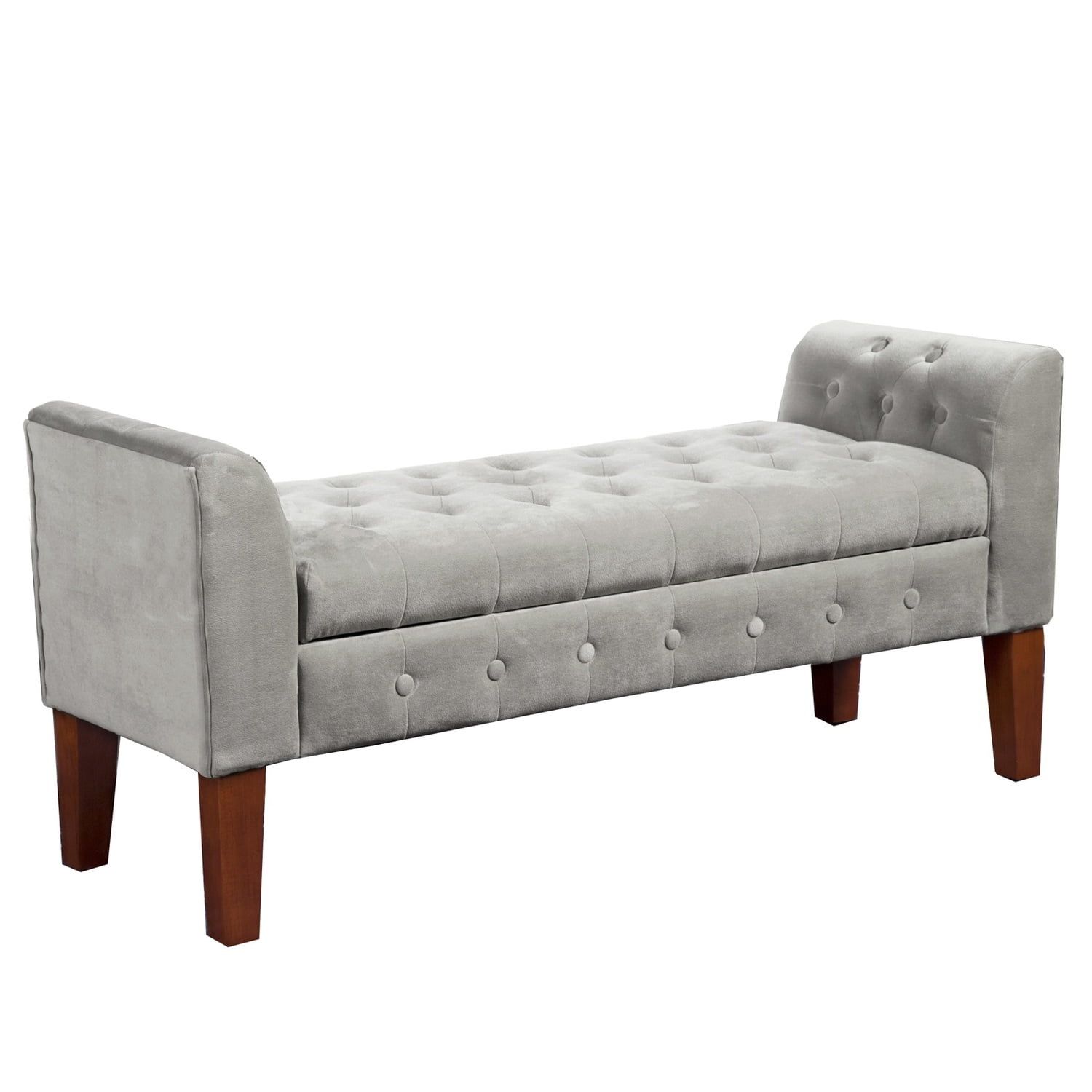 Gray Velvet Upholstered Button Tufted Wooden Storage Bench